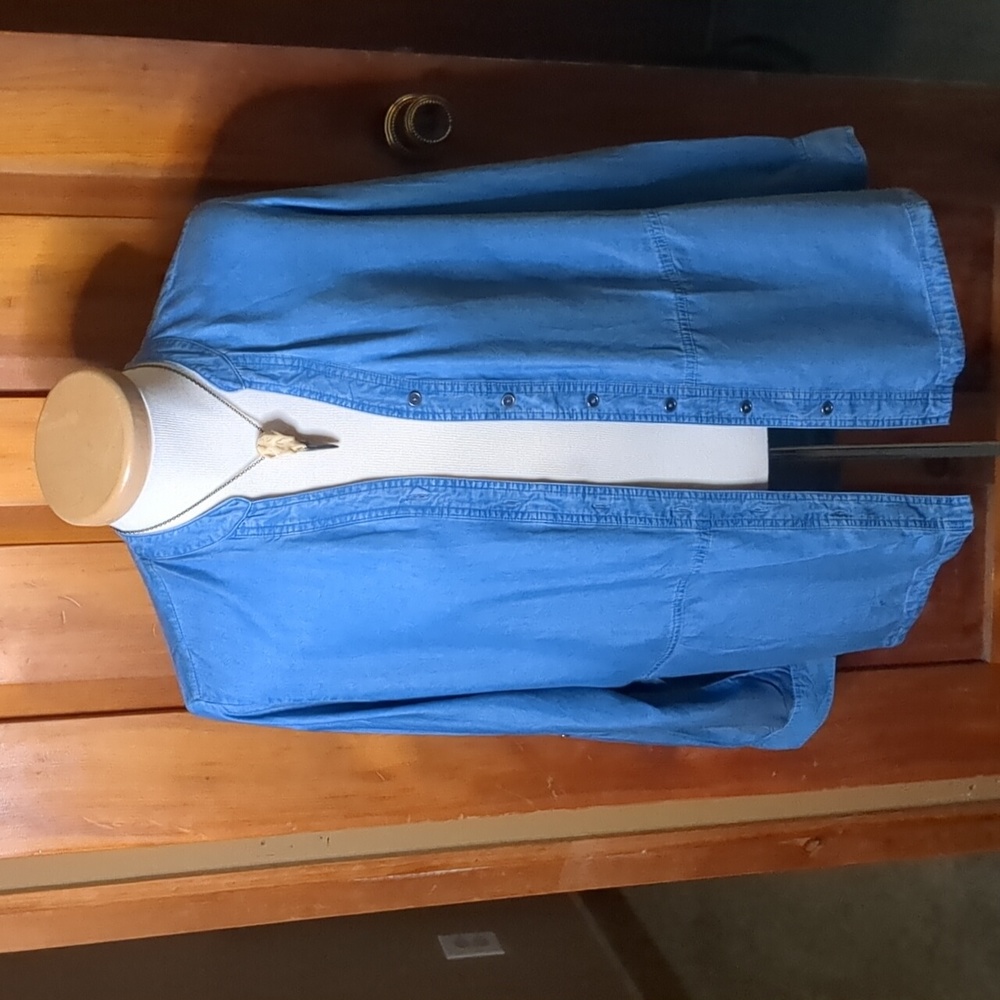 STYLE & CO* denim look decorative hem long sleeve v neck button front blouse